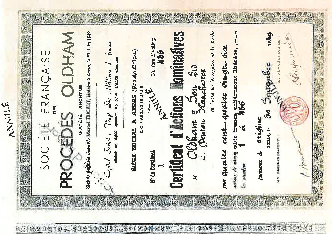 Certificat d'actions nominatives